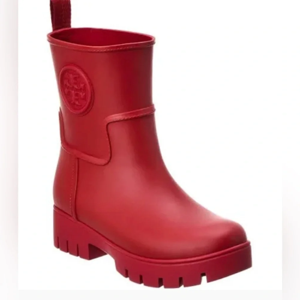 Tory Burch red ankle rain boots, new, size 7